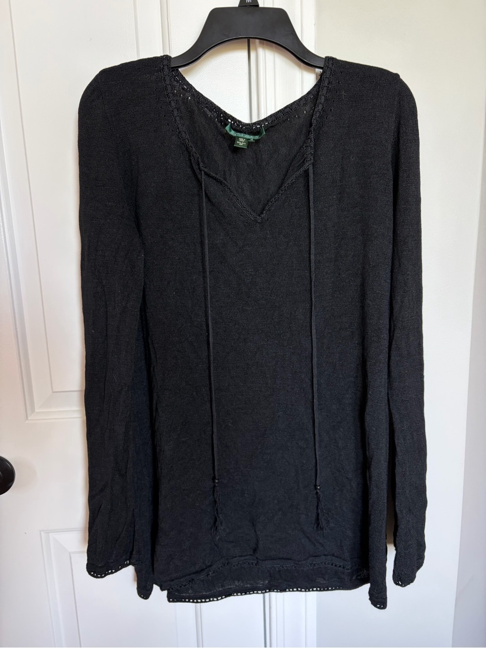 Lauren Ralph Lauren Black V-Neck Tie-Front Long Sleeve Top